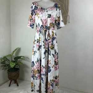 80s 90s vintage country floral white button down sweetheart maxi dress size 8 t